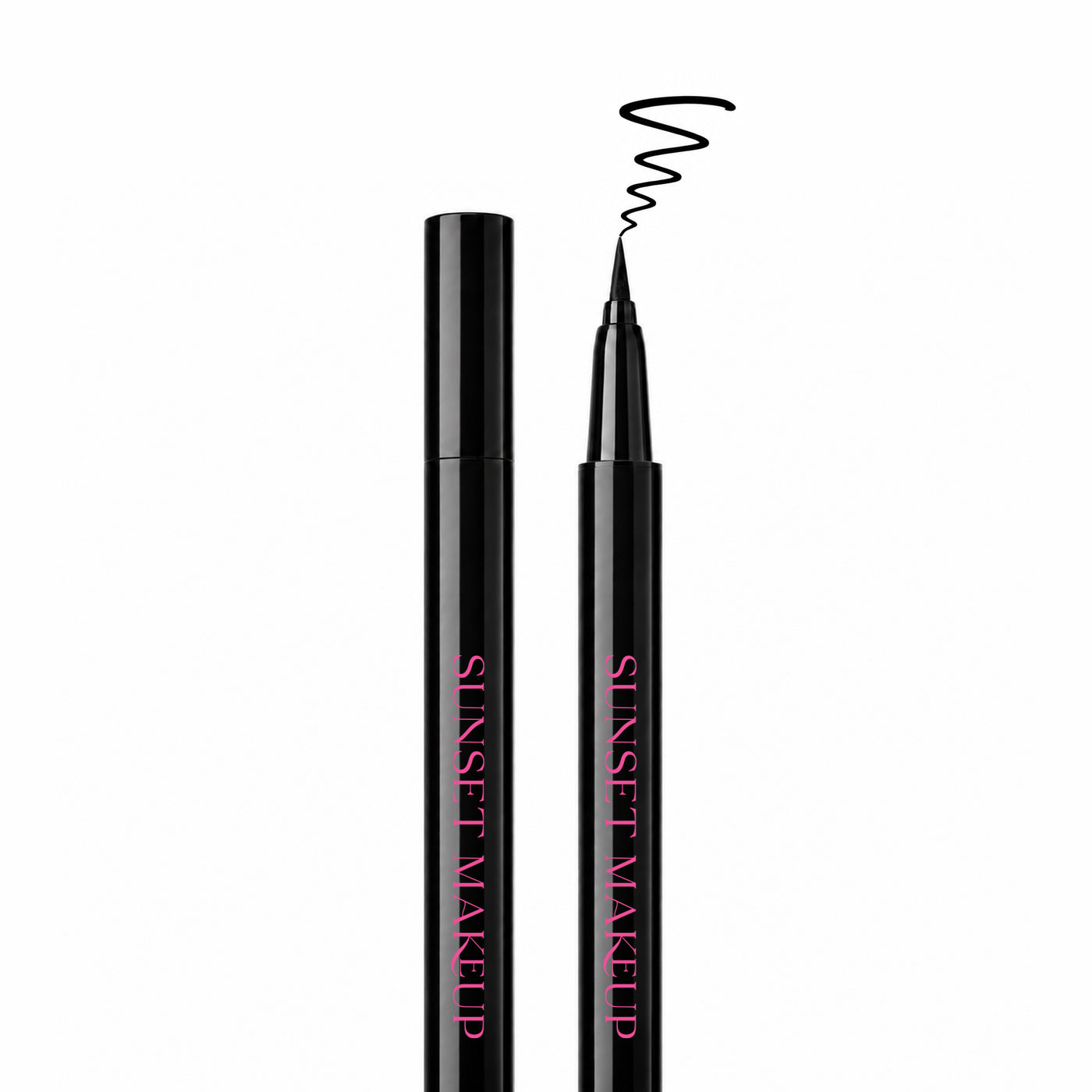 Sunset Makeup black felt-tip eyeliner shown open and closed with a black squiggle sample line above the tip.