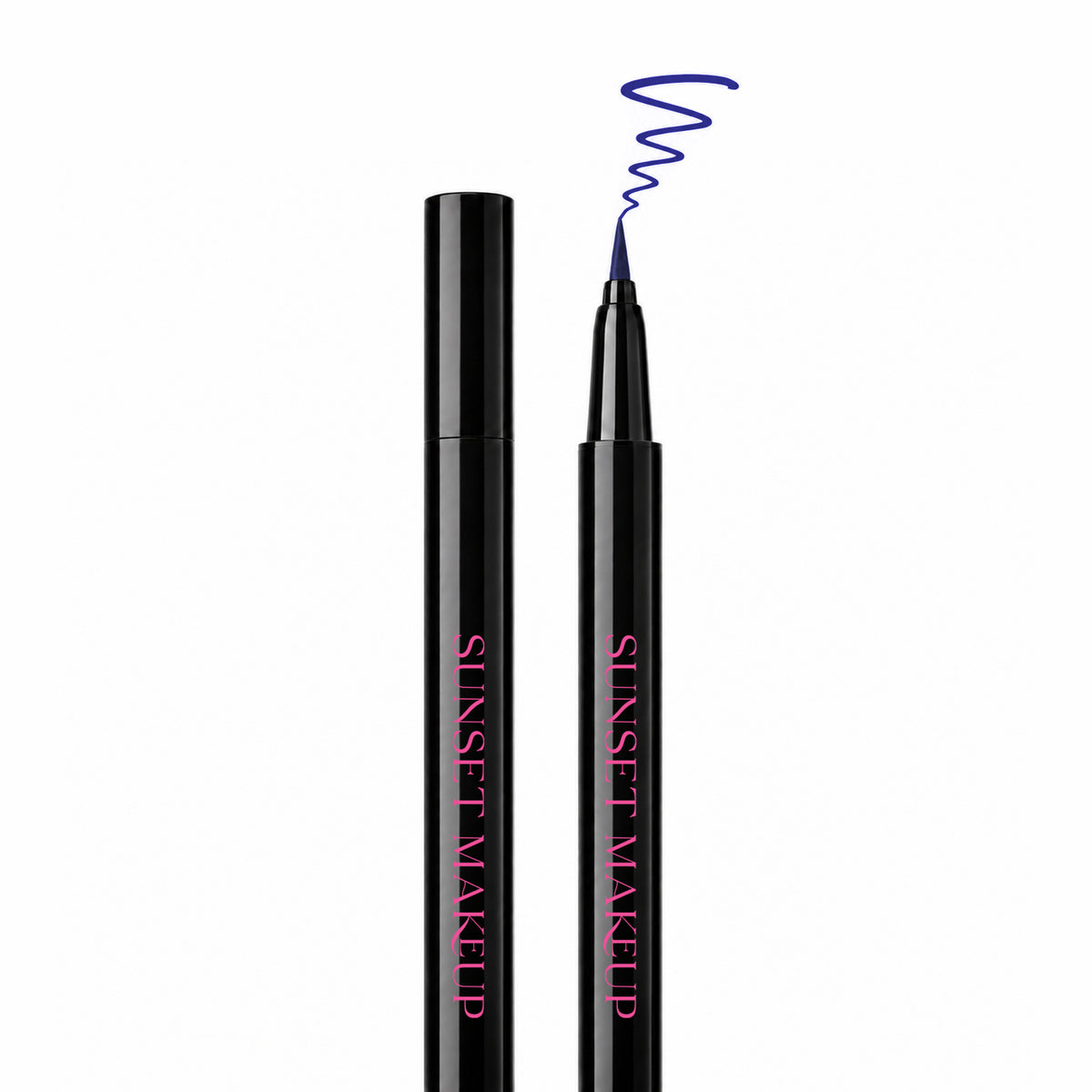 Sunset Makeup blue felt-tip eyeliner shown open and closed with a blue squiggle sample line above the tip.