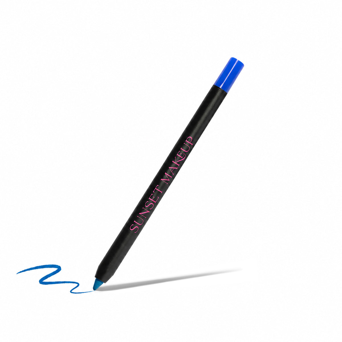 Sunset Makeup blue pencil crayon eyeliner with matching swatch on a white background.