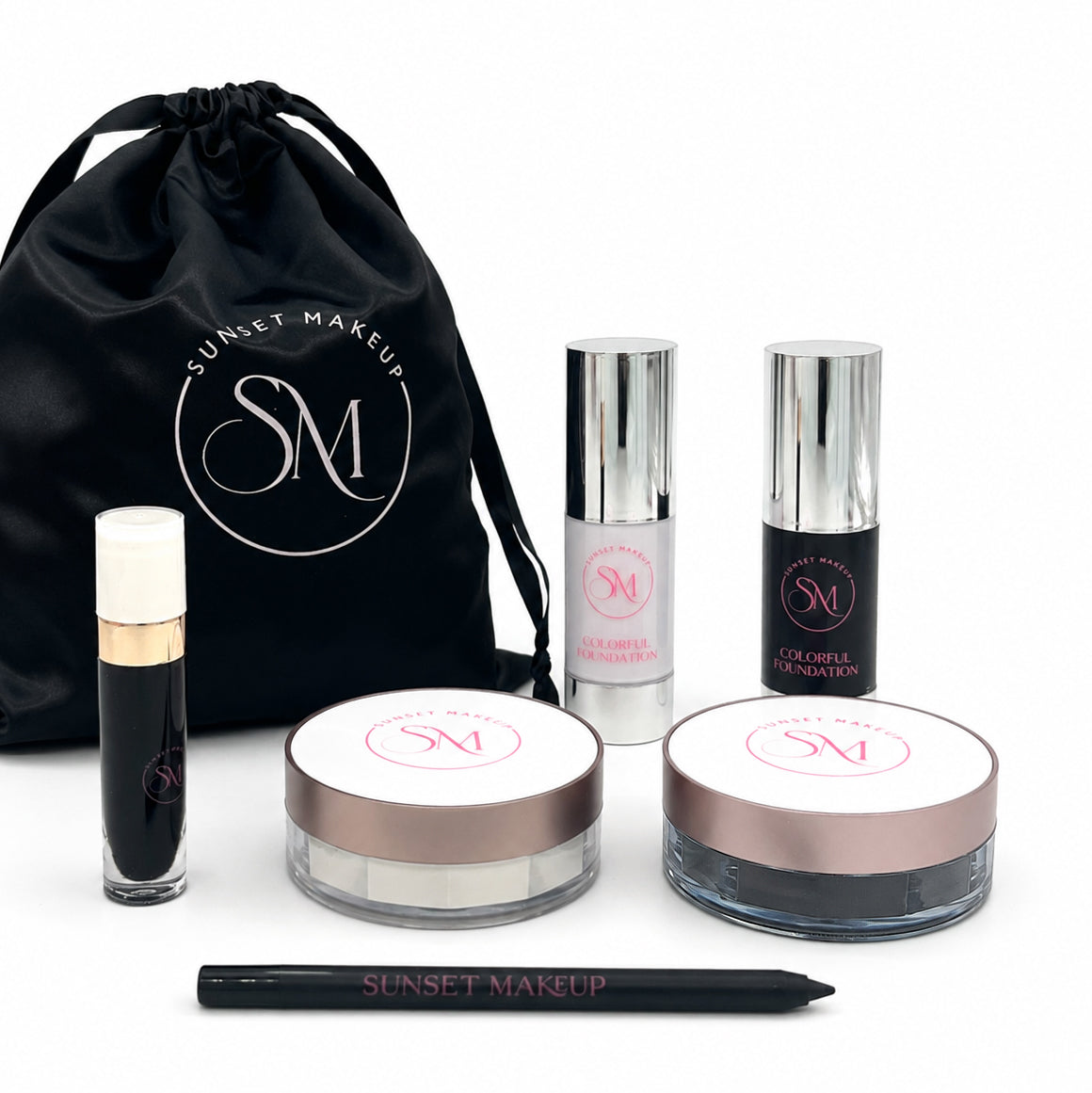 Sunset Makeup Corpse Paint Bundle featuring white and black foundations, setting powders, black matte liquid lipstick, eyeliner pencil, and a black satin makeup bag.