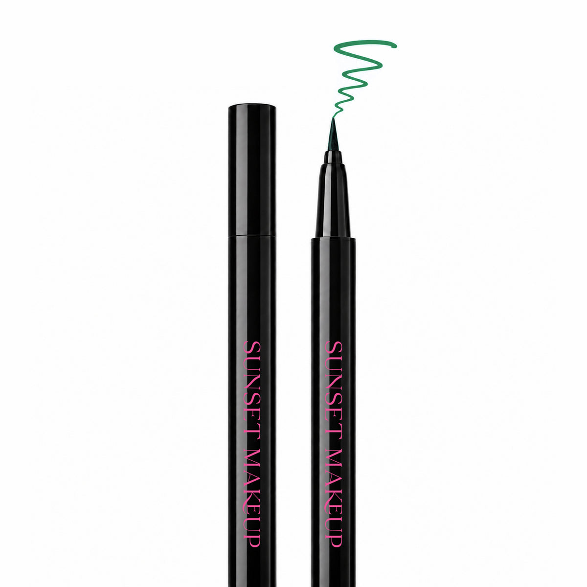 Sunset Makeup green felt-tip eyeliner shown open and closed with a green squiggle sample line above the tip.