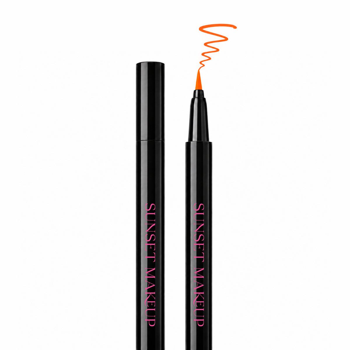 Sunset Makeup orange felt-tip eyeliner shown open and closed with an orange squiggle sample line above the tip.