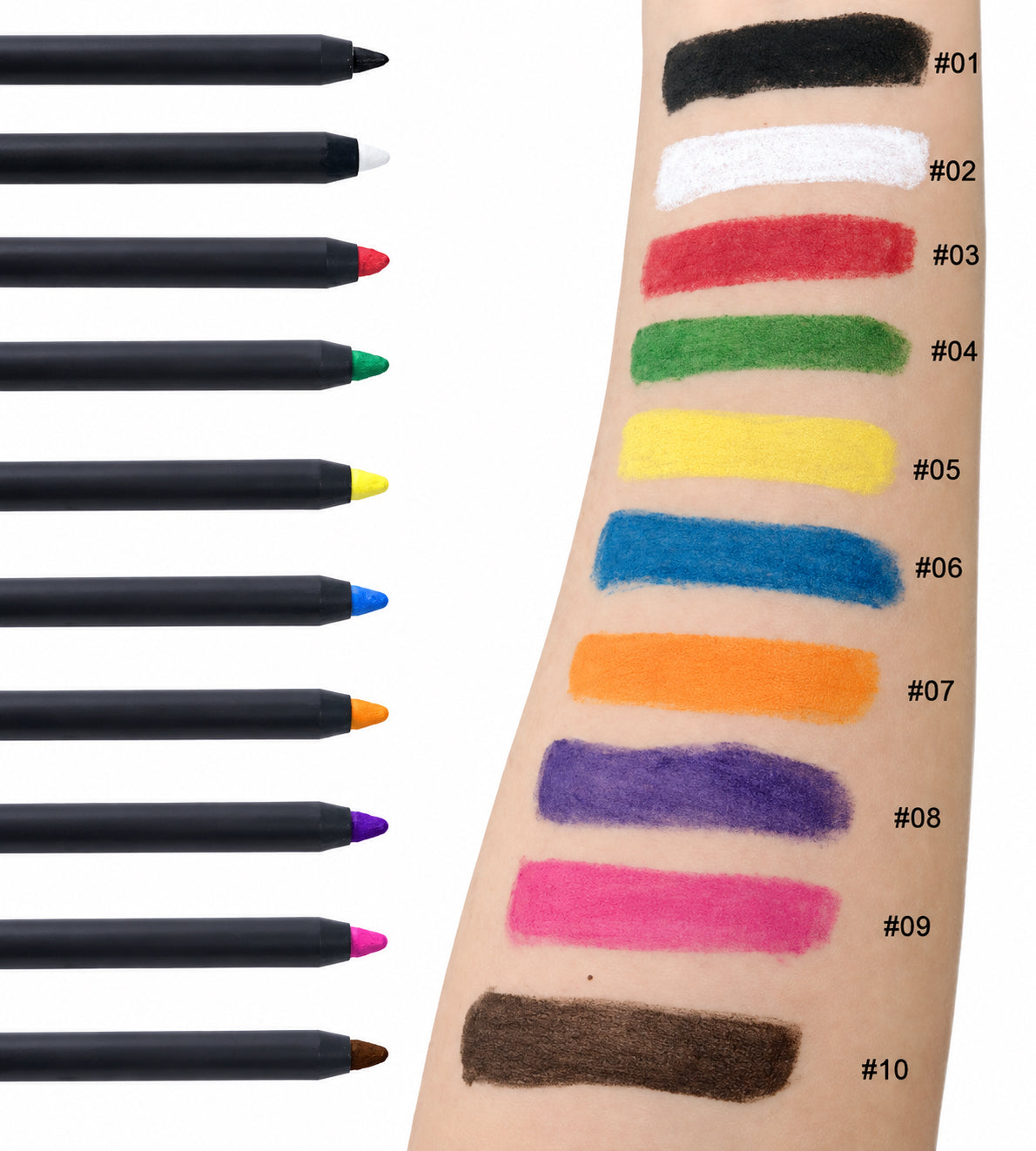 Sunset Makeup Pencil Crayon Eyeliners in 10 shades with matching black, white, red, green, yellow, blue, orange, purple, pink, and brown arm swatches.