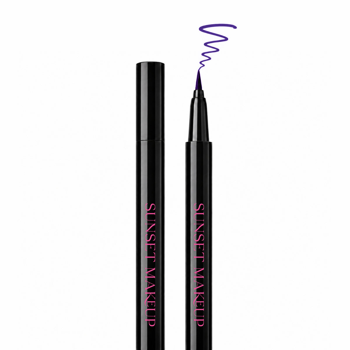 Sunset Makeup purple felt-tip eyeliner shown open and closed with a purple squiggle sample line above the tip.