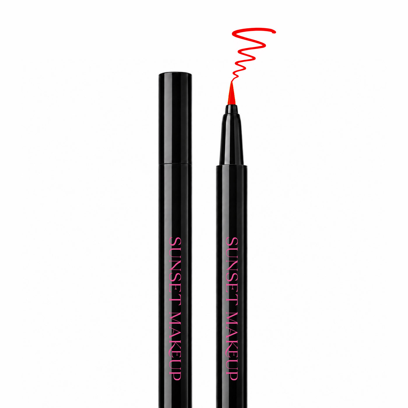 Sunset Makeup red felt-tip eyeliner shown open and closed with a red squiggle sample line above the tip.