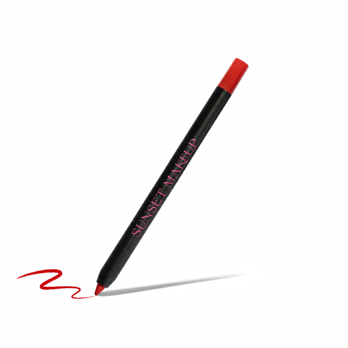 Sunset Makeup red pencil crayon eyeliner with matching swatch on a white background.