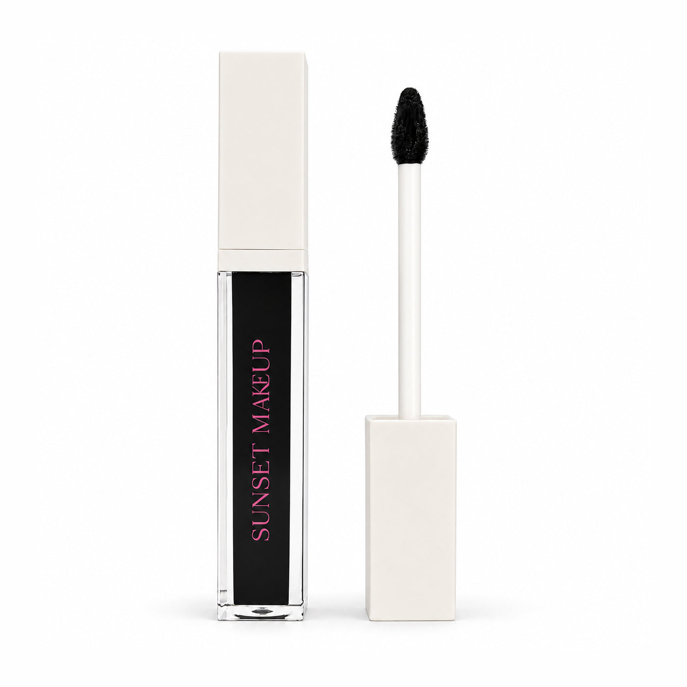 Sunset Makeup black gloss liquid lipstick in a clear rectangular tube with pink brand text, shown next to its white cap and applicator wand on a white background.