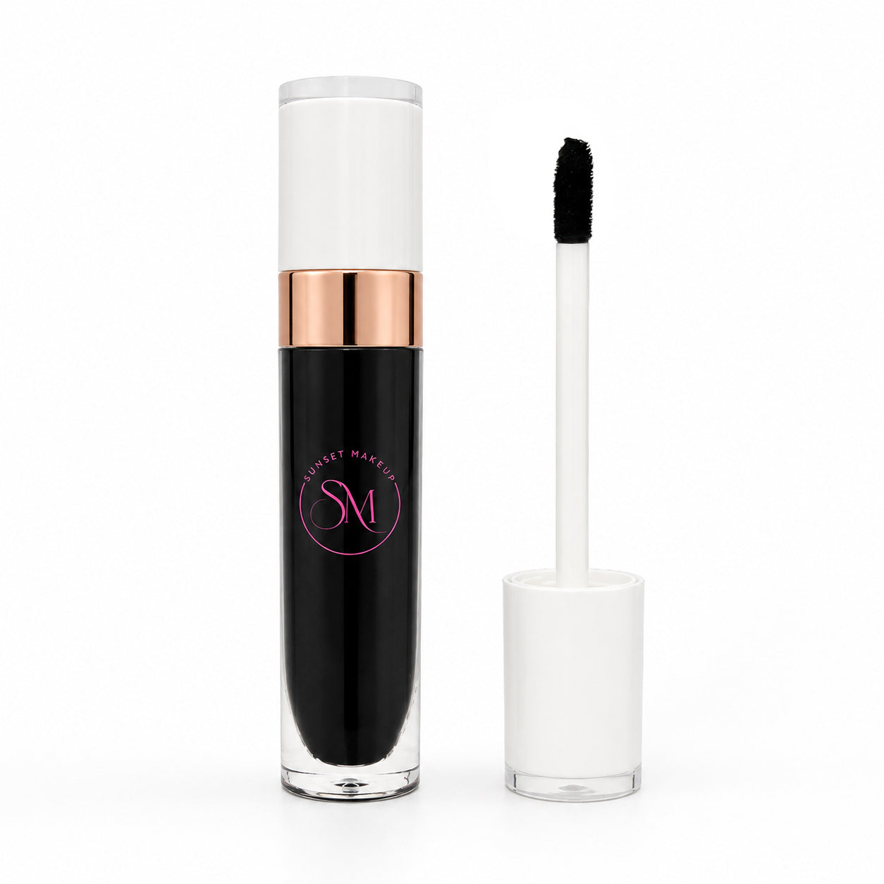 Sunset Makeup black matte liquid lipstick with a rose gold metallic band, shown next to its white applicator wand on a clean white background.