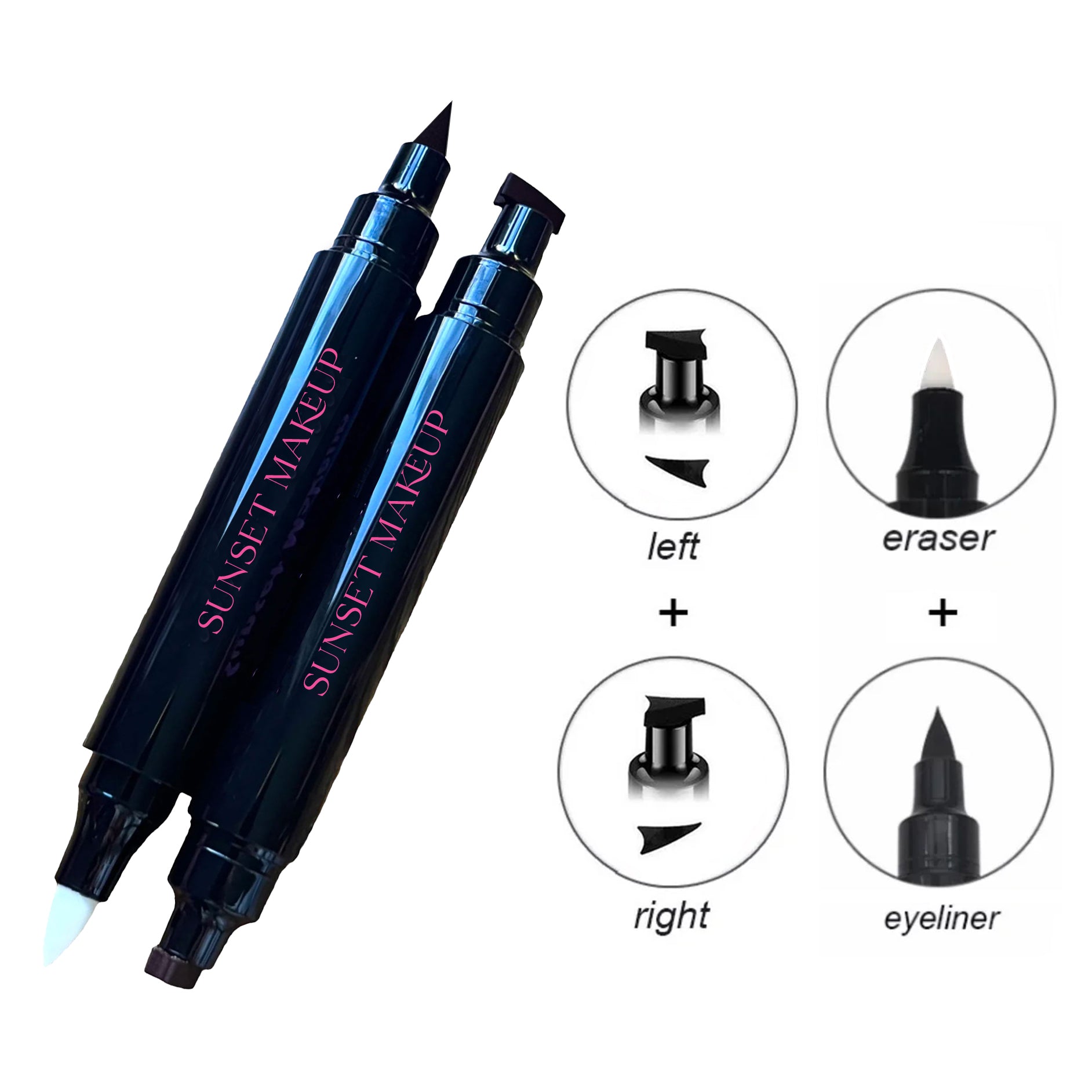 Sunset Makeup 3-in-1 Black Eyeliner Stamp featuring left and right wing stamps, a precision eyeliner tip, and an eraser tip.