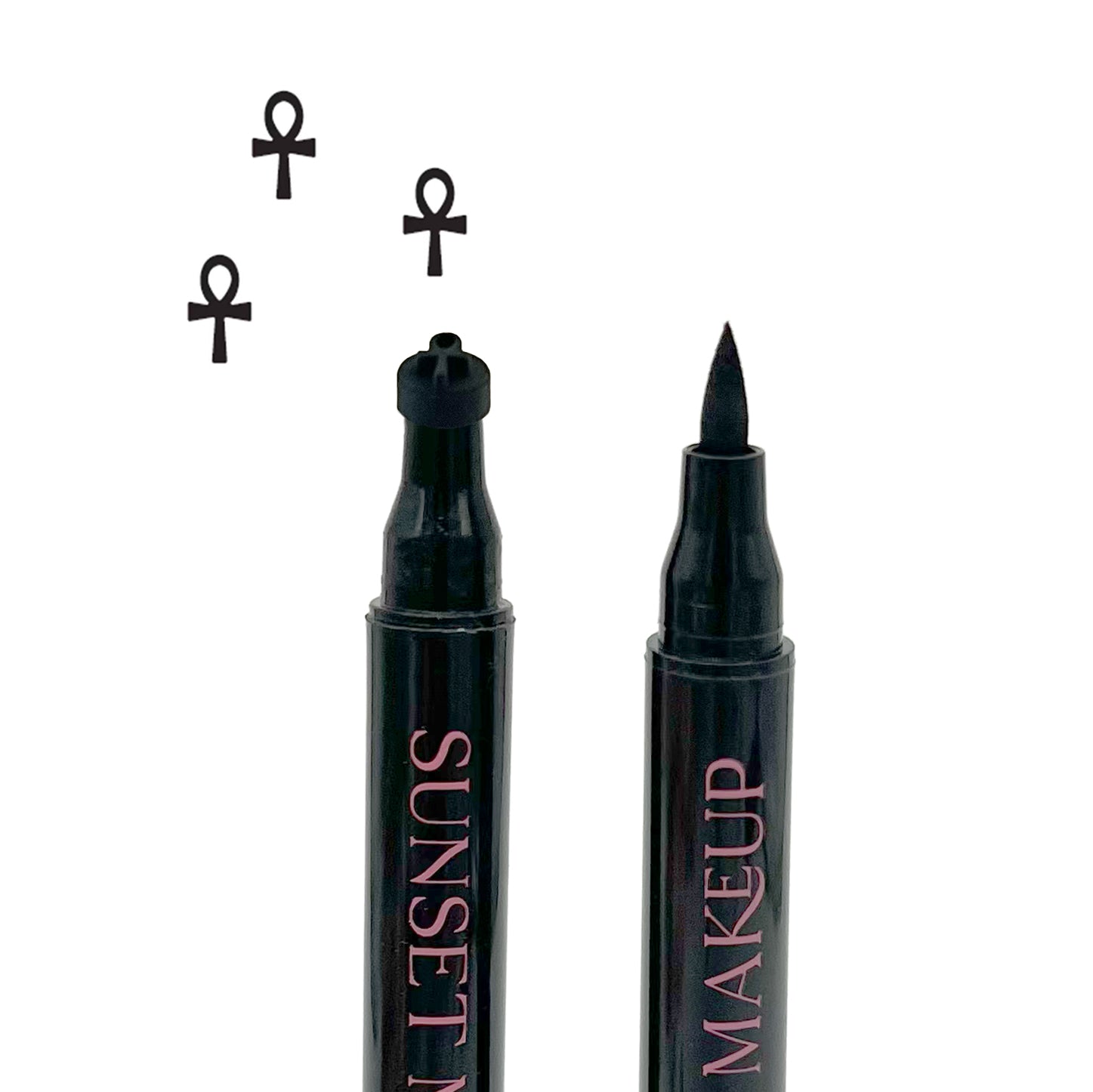 Two black Sunset Makeup ankh stamp eyeliner applicators displayed on a white background with a black ankh stamp impression.