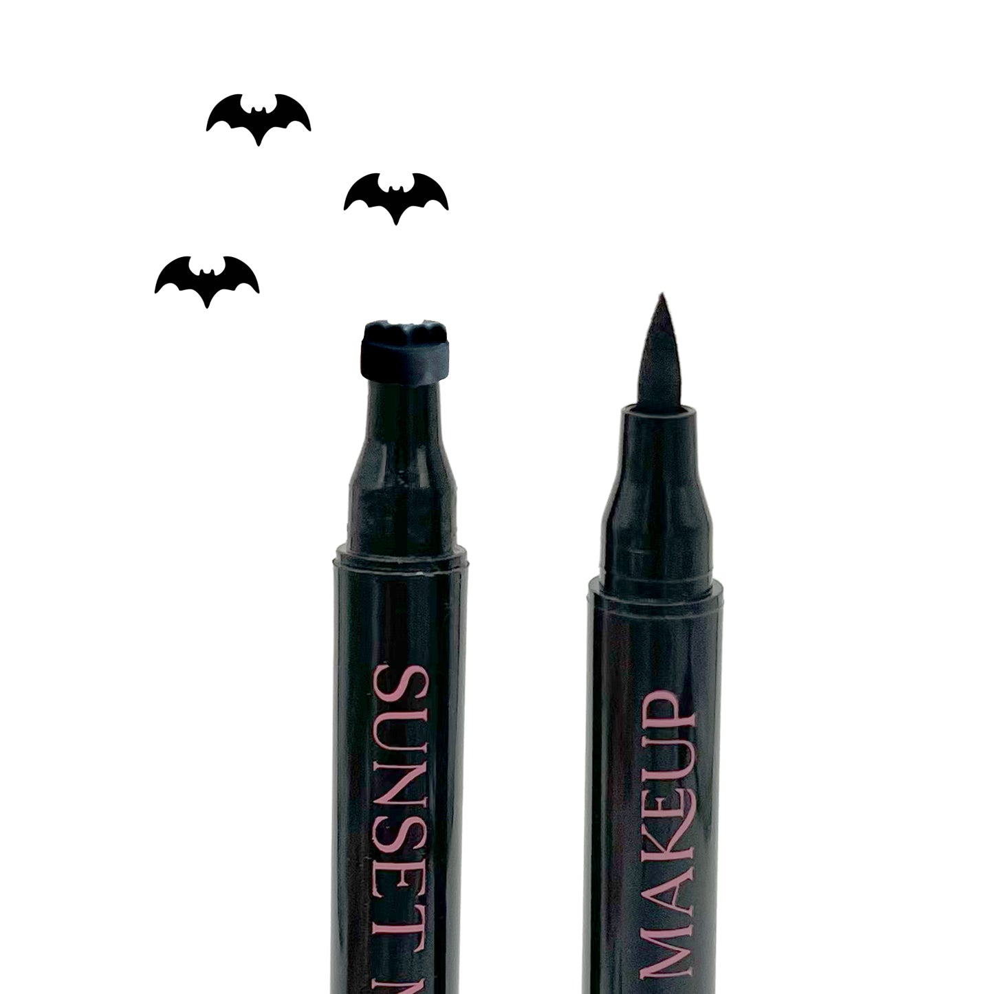 Two black Sunset Makeup bat stamp eyeliner applicators displayed on a white background with a black bat stamp impression.