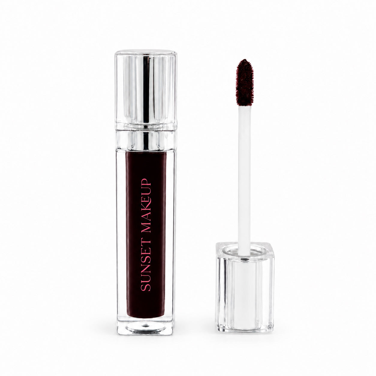 Sunset Makeup Burgundy Lip Stain tube shown with its applicator on a white background.