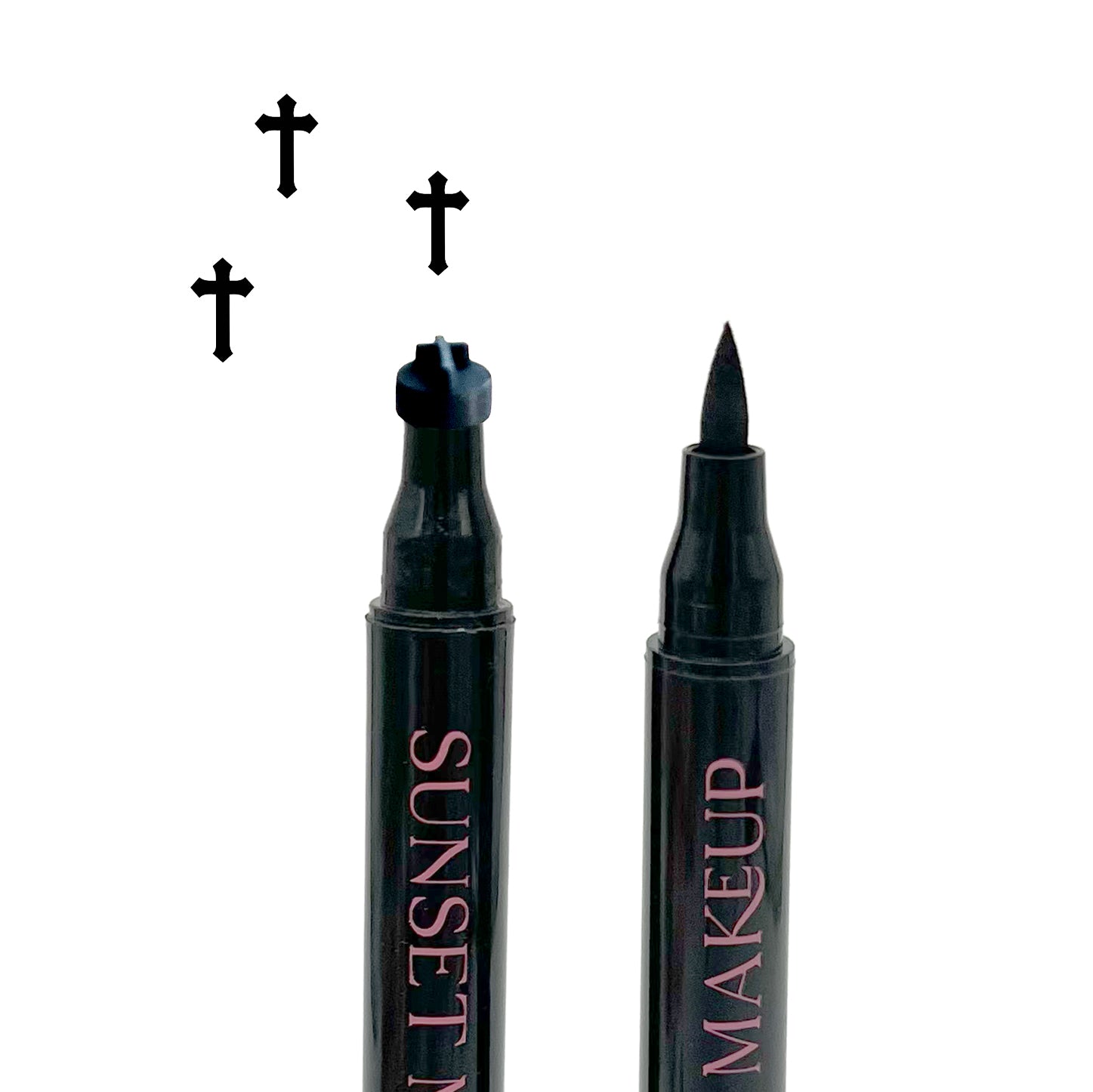 Two black Sunset Makeup cross stamp eyeliner applicators displayed on a white background with a black cross stamp impression.
