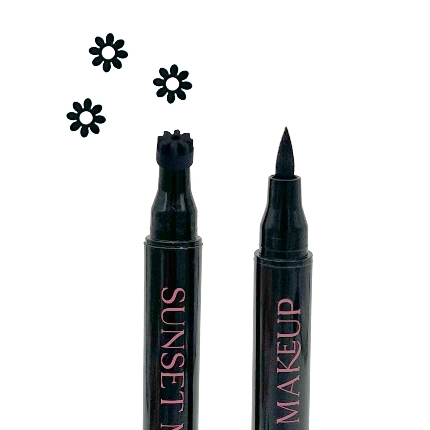 Two black Sunset Makeup flower stamp eyeliner applicators displayed on a white background with a black flower stamp impression.