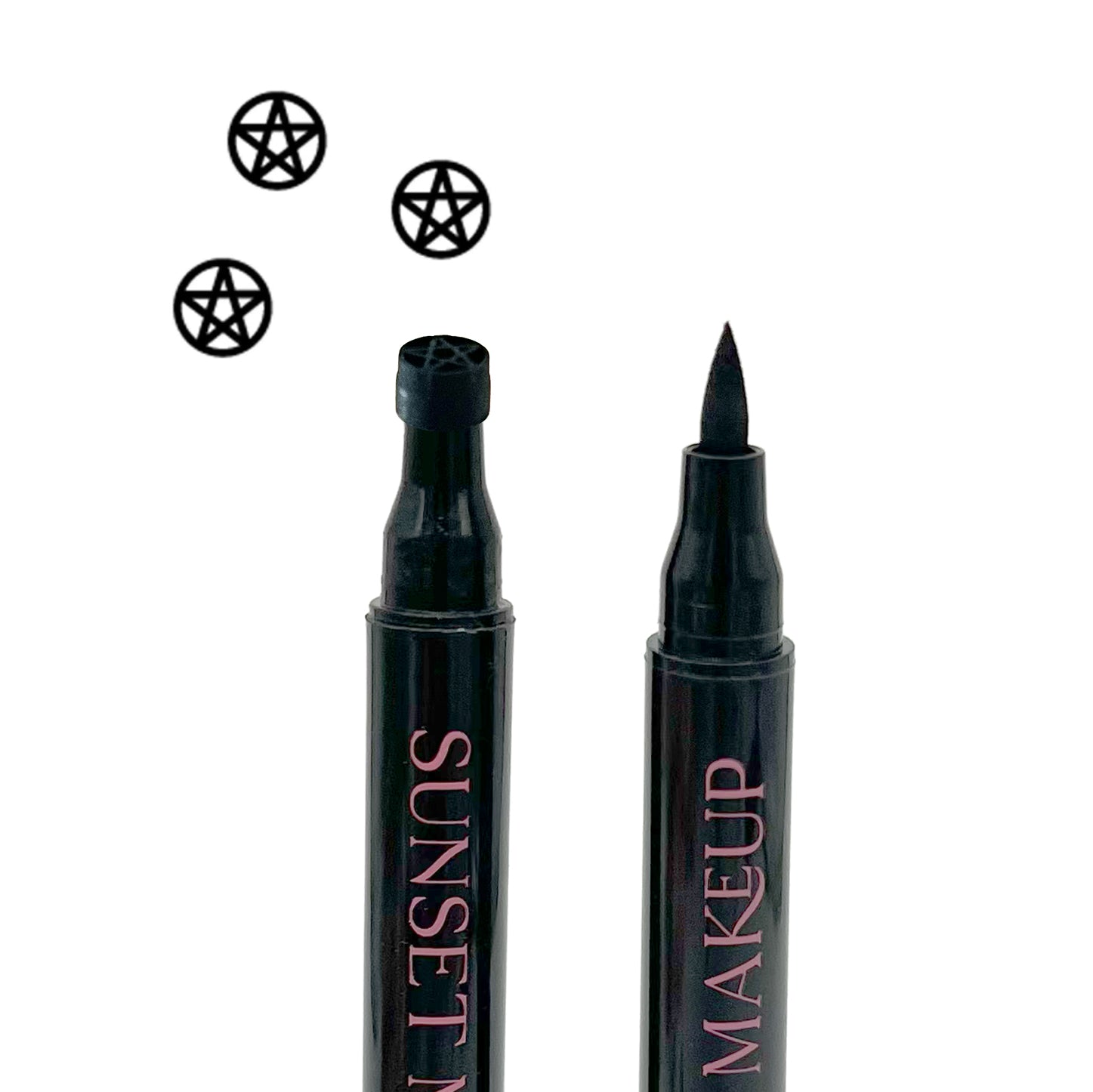 Two black Sunset Makeup pentagram stamp eyeliner applicators displayed on a white background with a black pentagram stamp impression.