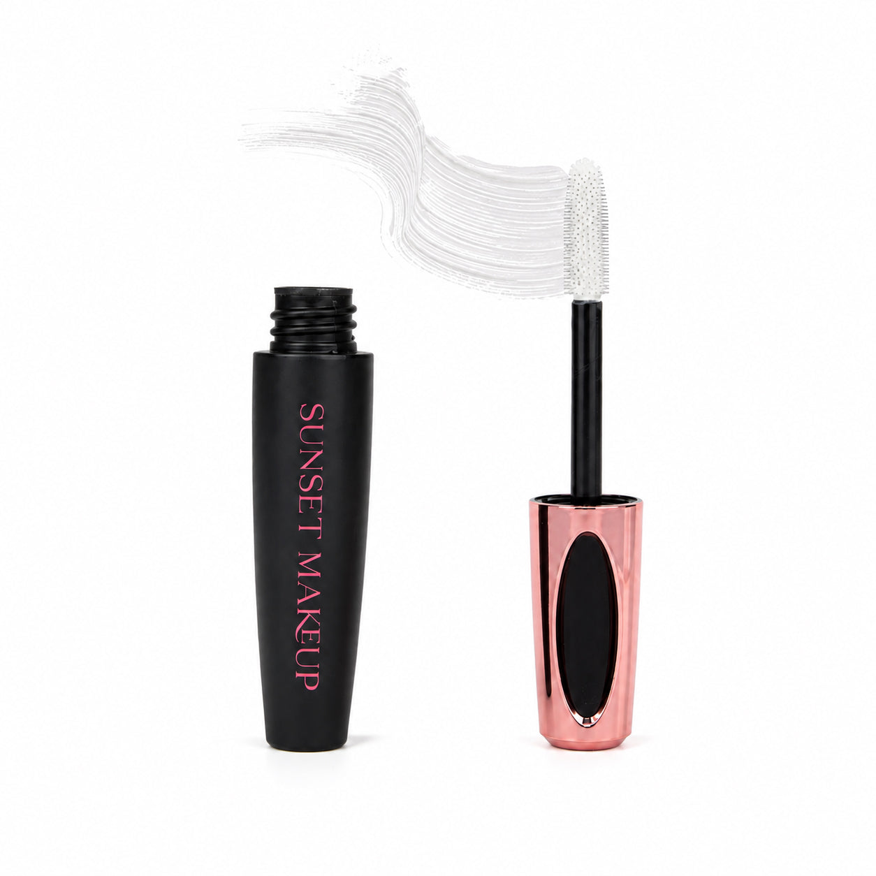 Sunset Makeup white colorful mascara with a matching wand and product swatch.