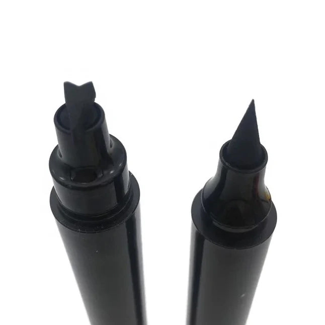 Close-up of the wing stamp and precision eyeliner tips on the Sunset Makeup 3-in-1 Black Eyeliner Stamp.