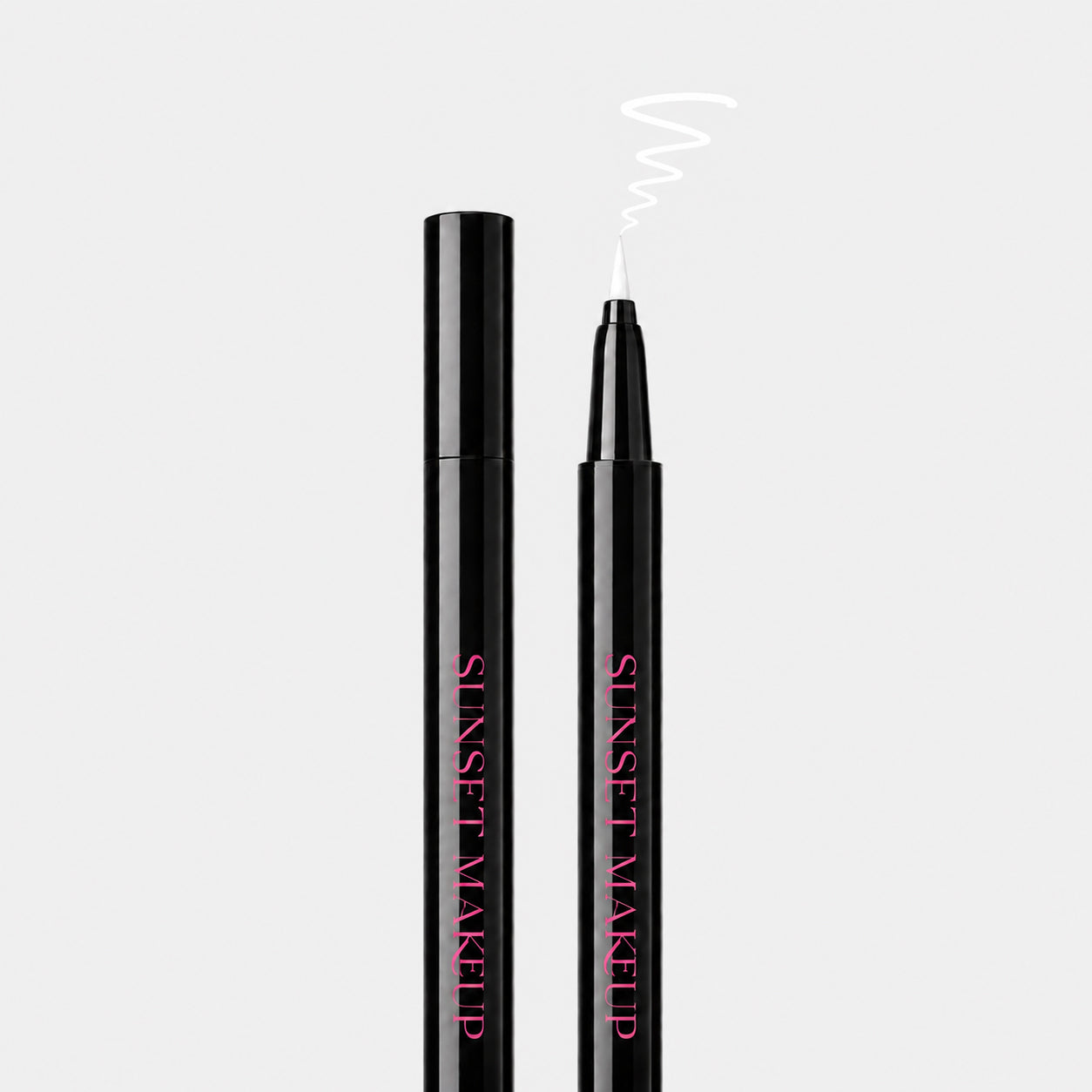 Sunset Makeup white felt-tip eyeliner shown open and closed with a white squiggle sample line above the tip.