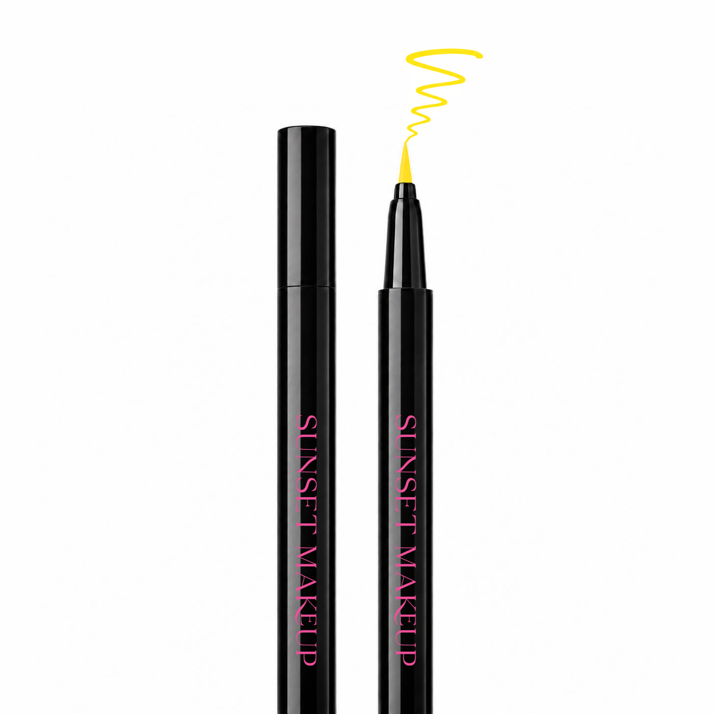 Sunset Makeup yellow felt-tip eyeliner shown open and closed with a yellow squiggle sample line above the tip.