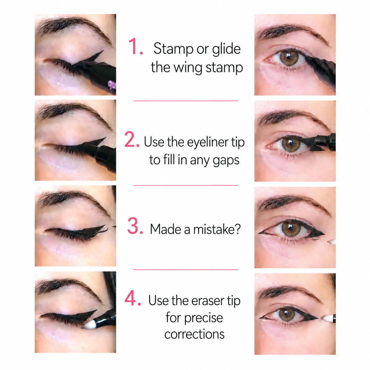 Step-by-step guide showing how to apply, fill in, and correct winged eyeliner using the Sunset Makeup 3-in-1 Eyeliner Stamp in Black.