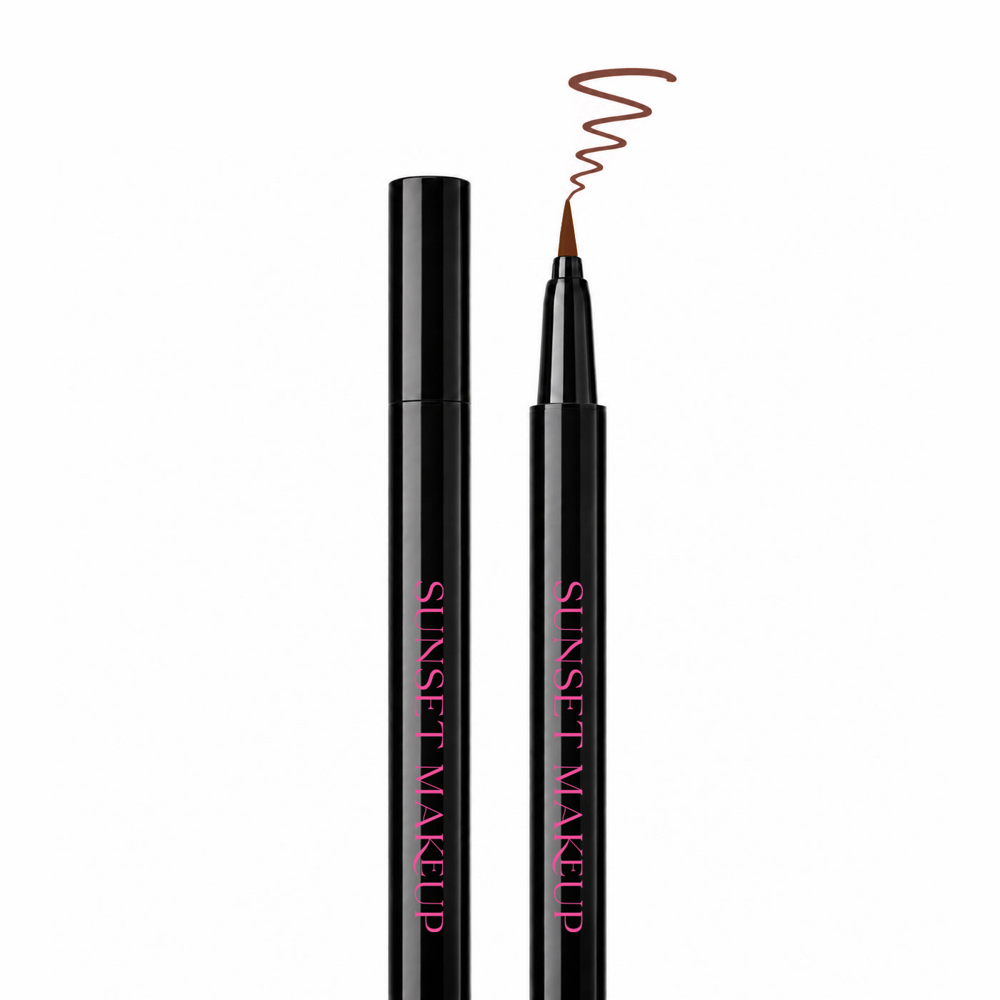 Sunset Makeup brown felt-tip eyeliner shown open and closed with a brown squiggle sample line above the tip.