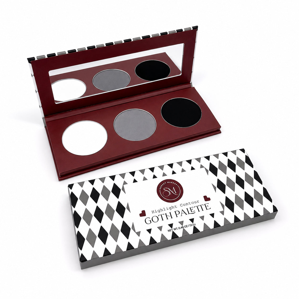 Sunset Makeup Goth Highlight Contour Palette shown open with white, gray, and black pans alongside the closed palette on a white background.