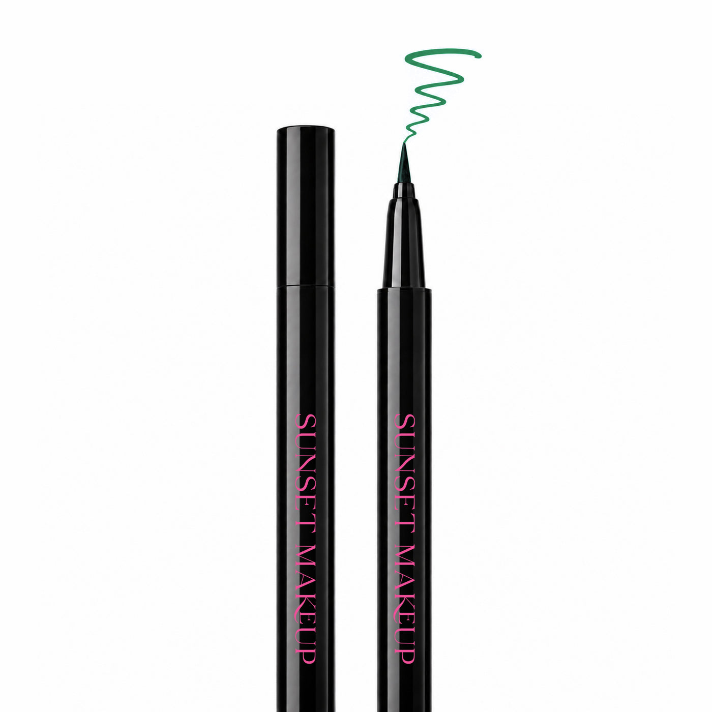 Sunset Makeup green felt-tip eyeliner shown open and closed with a green squiggle sample line above the tip.