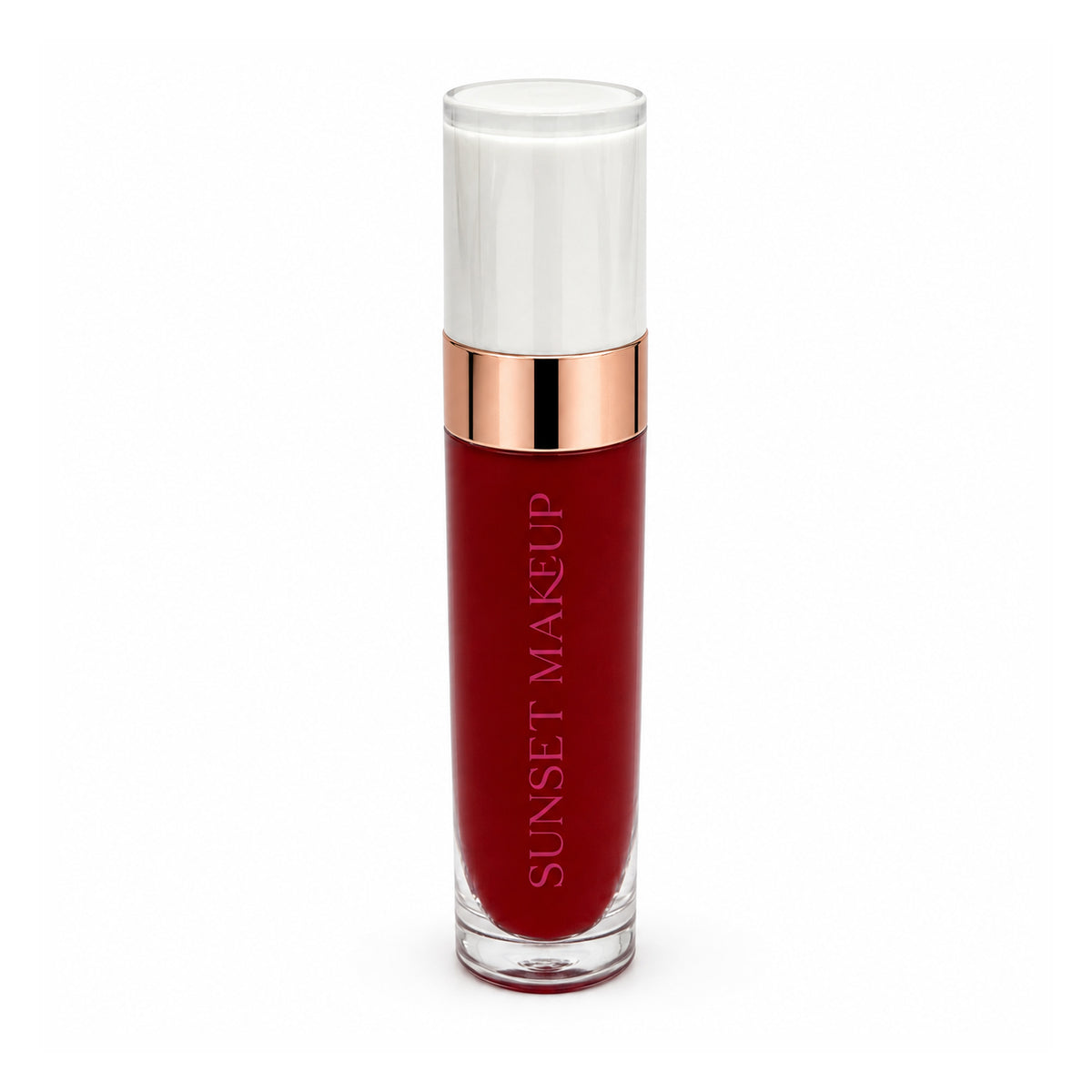 Sunset Makeup liquid lipstick in a clear glass tube showing a deep berry red shade, with a metallic rose gold collar and a white cap, on a white background.