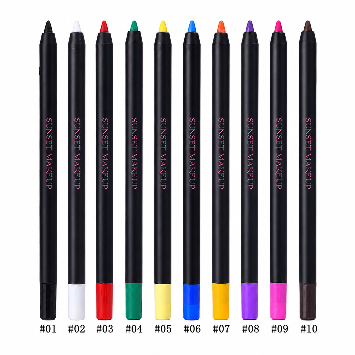 Sunset Makeup Pencil Crayon Eyeliners in 10 shades: black, white, red, green, yellow, blue, orange, purple, pink, and brown.