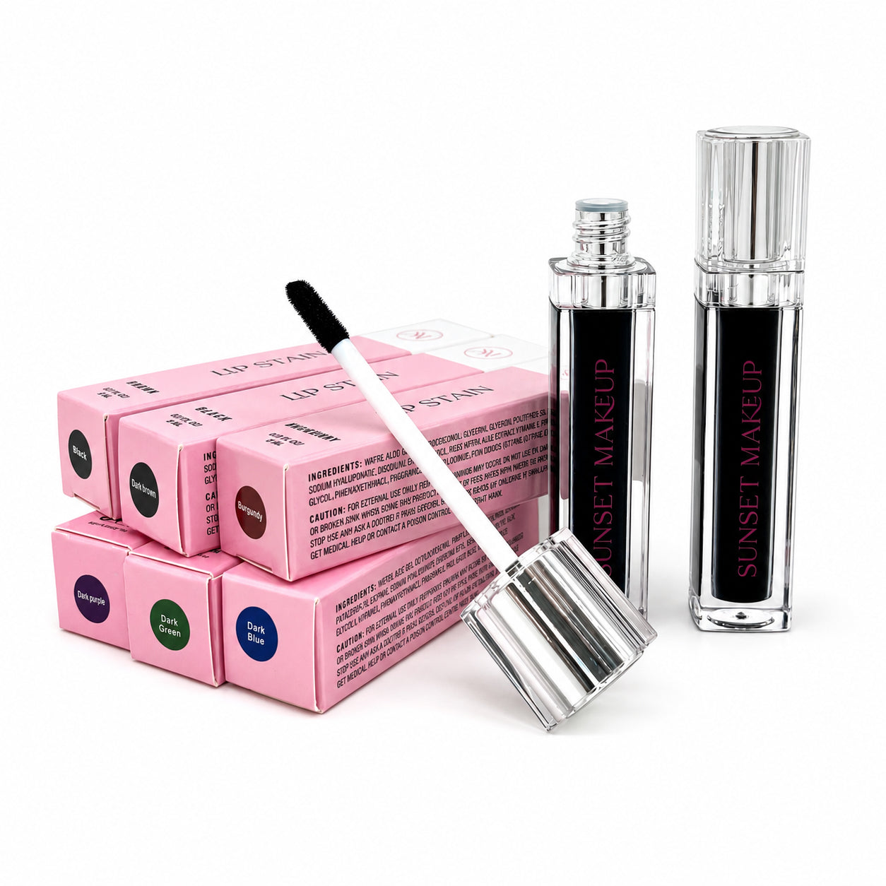 Sunset Makeup 6-Piece Lip Stain Bundle featuring Black, Burgundy, Dark Brown, Dark Purple, Dark Green, and Dark Blue lip stains on a white background.