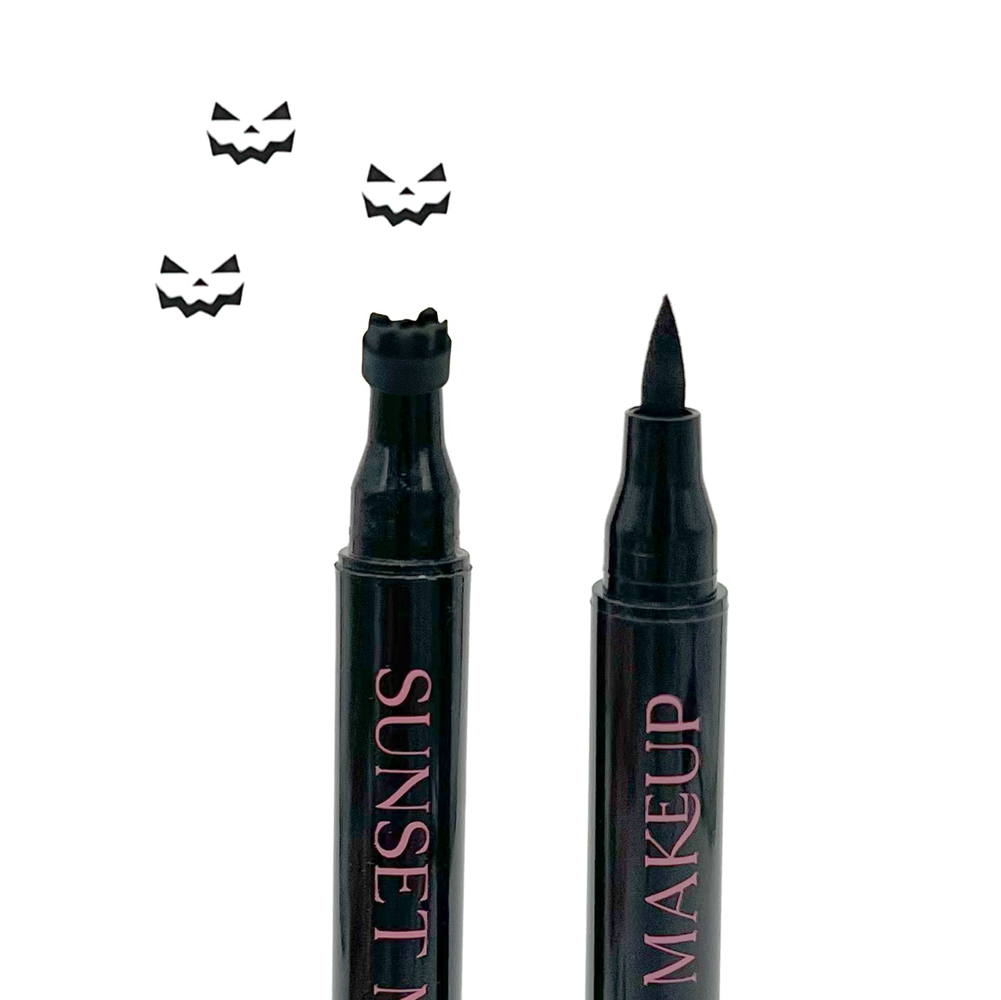 Two black Sunset Makeup Jack O Lantern stamp eyeliner applicators displayed on a white background with a black Jack O Lantern stamp impression.