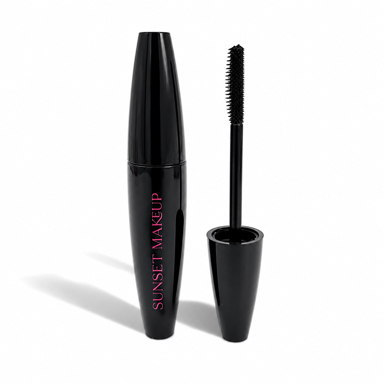 Sunset Makeup black lengthening mascara shown closed and open with its slim, fine-bristle wand.