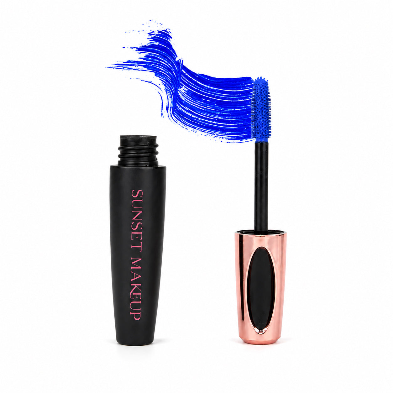 Sunset Makeup blue colorful mascara with a matching wand and product swatch.