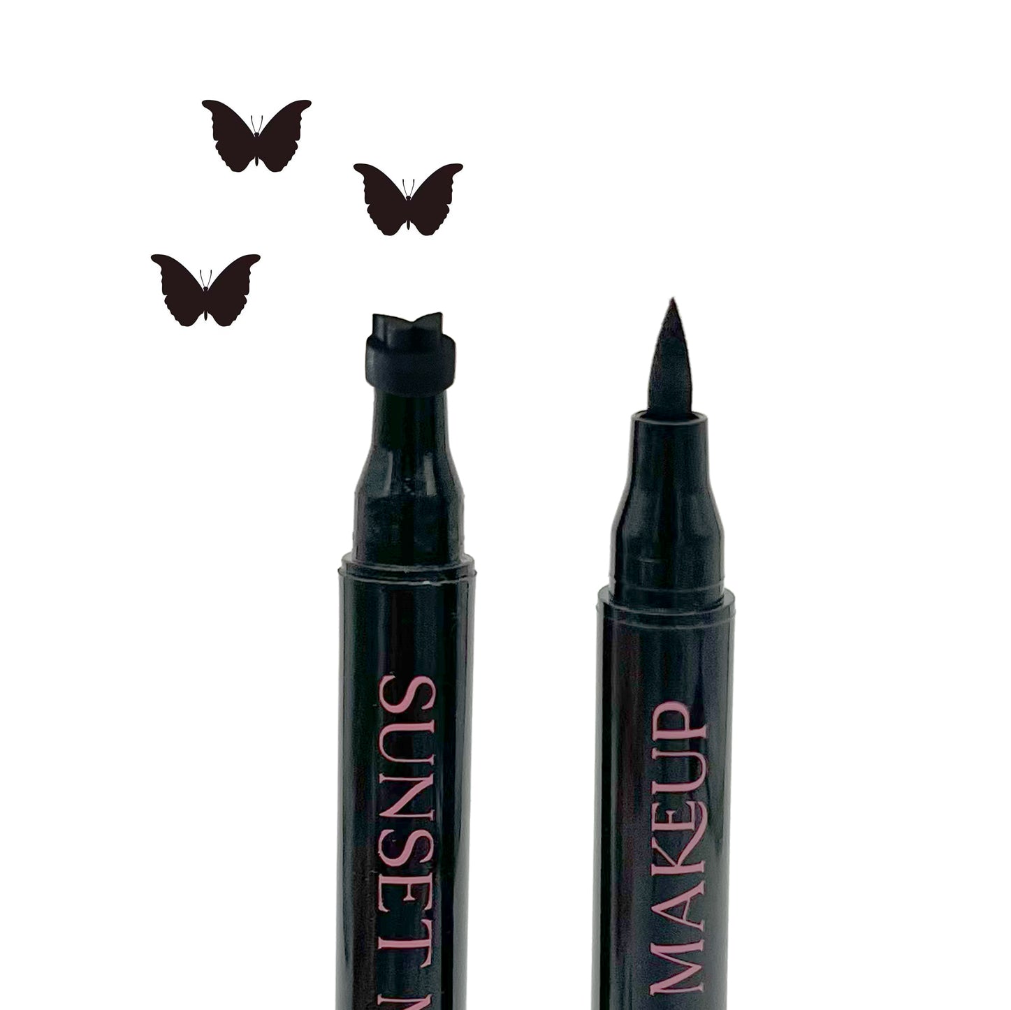 Two black Sunset Makeup butterfly stamp eyeliner applicators displayed on a white background with a black butterfly stamp impression.