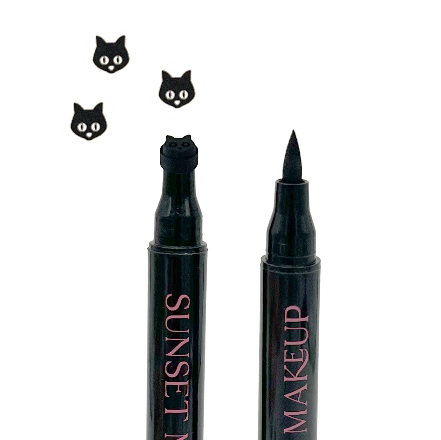 Two black Sunset Makeup cat stamp eyeliner applicators displayed on a white background with a black cat stamp impression.