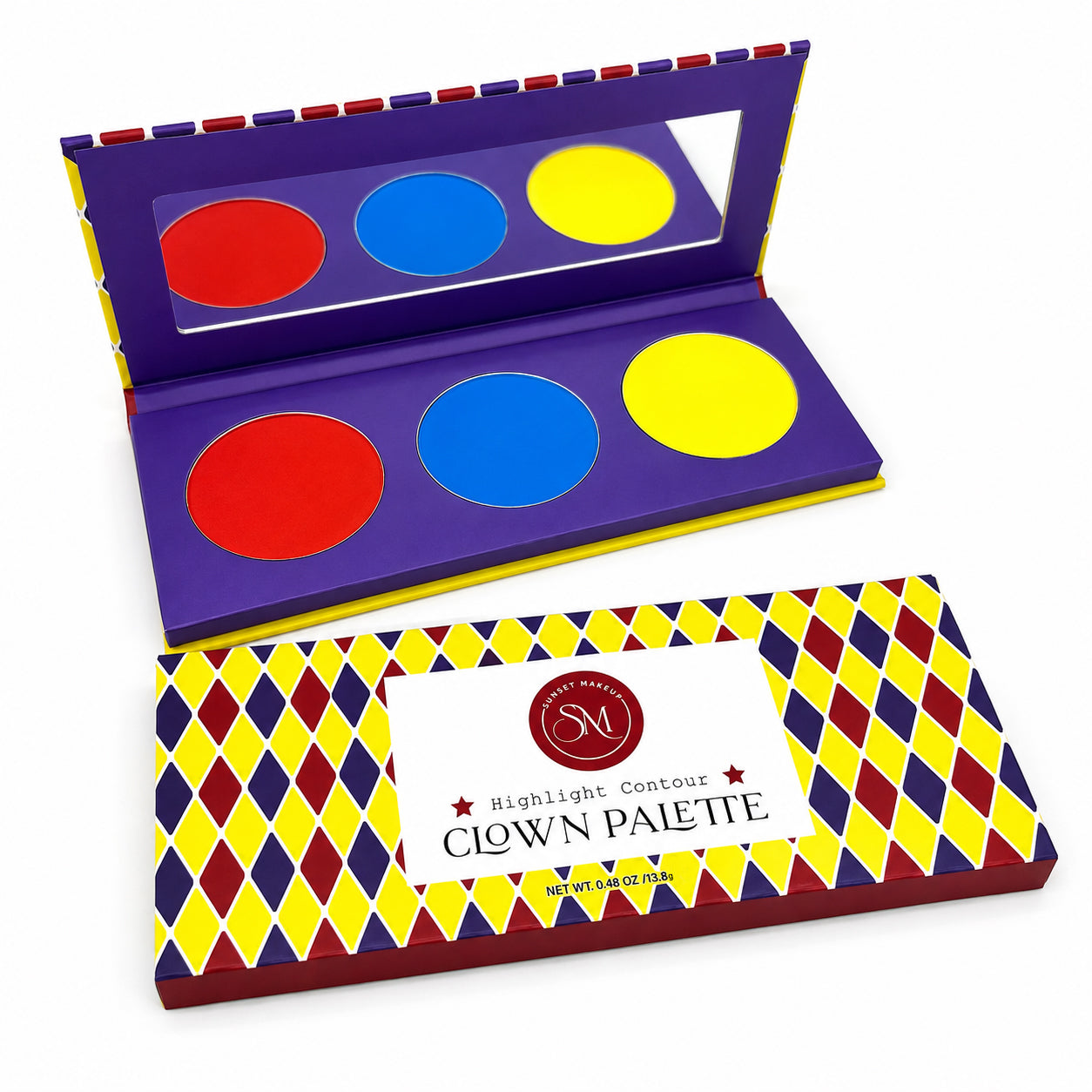 Sunset Makeup Clown Palette shown open with red, blue, and yellow highlight and contour shades beside the closed palette on a white background.