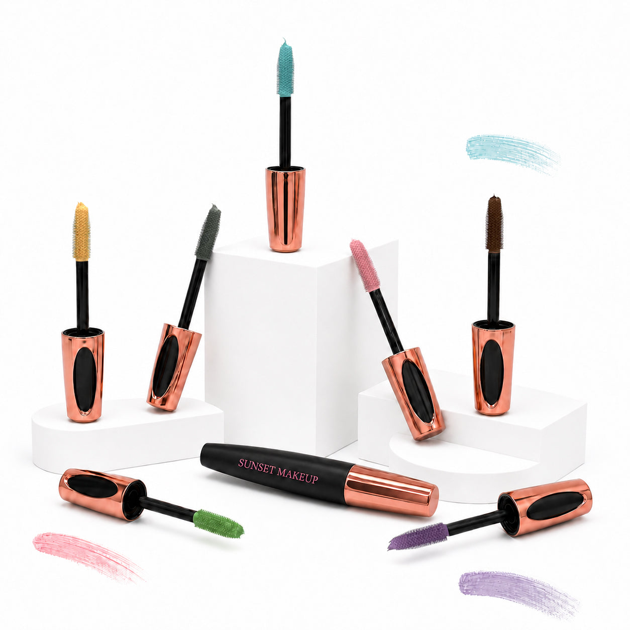 Sunset Makeup Colorful Pastel Mascaras in light blue, light green, light pink, light purple, blonde, grey, and light brown.