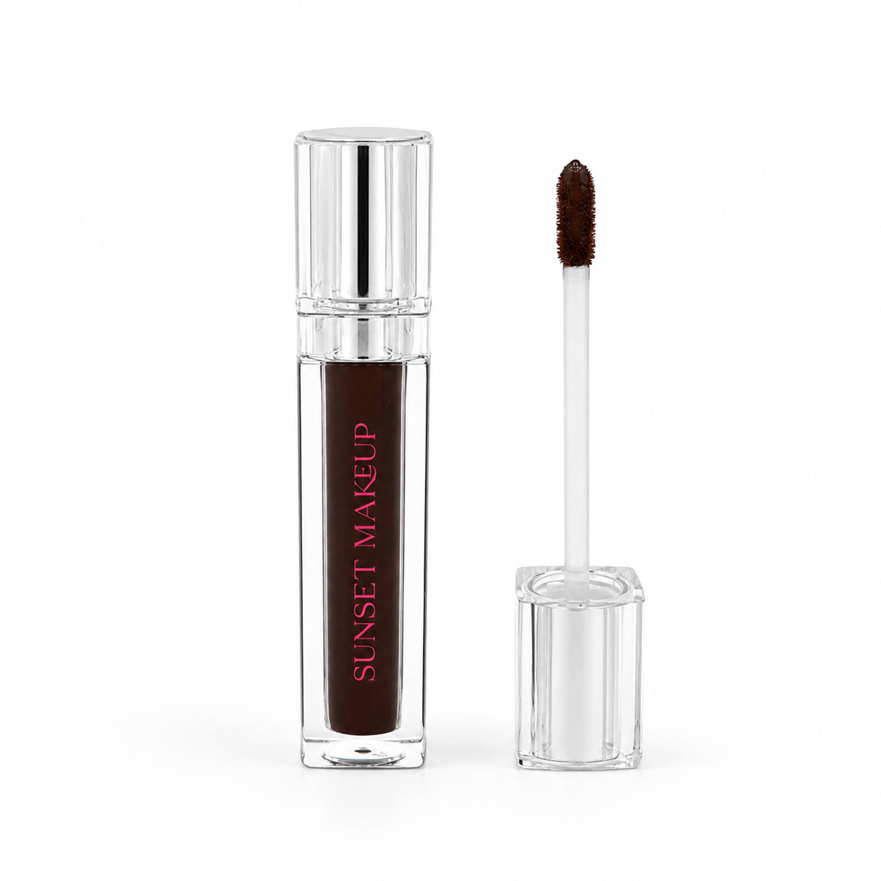 Sunset Makeup Dark Brown Lip Stain tube shown with its applicator on a white background.