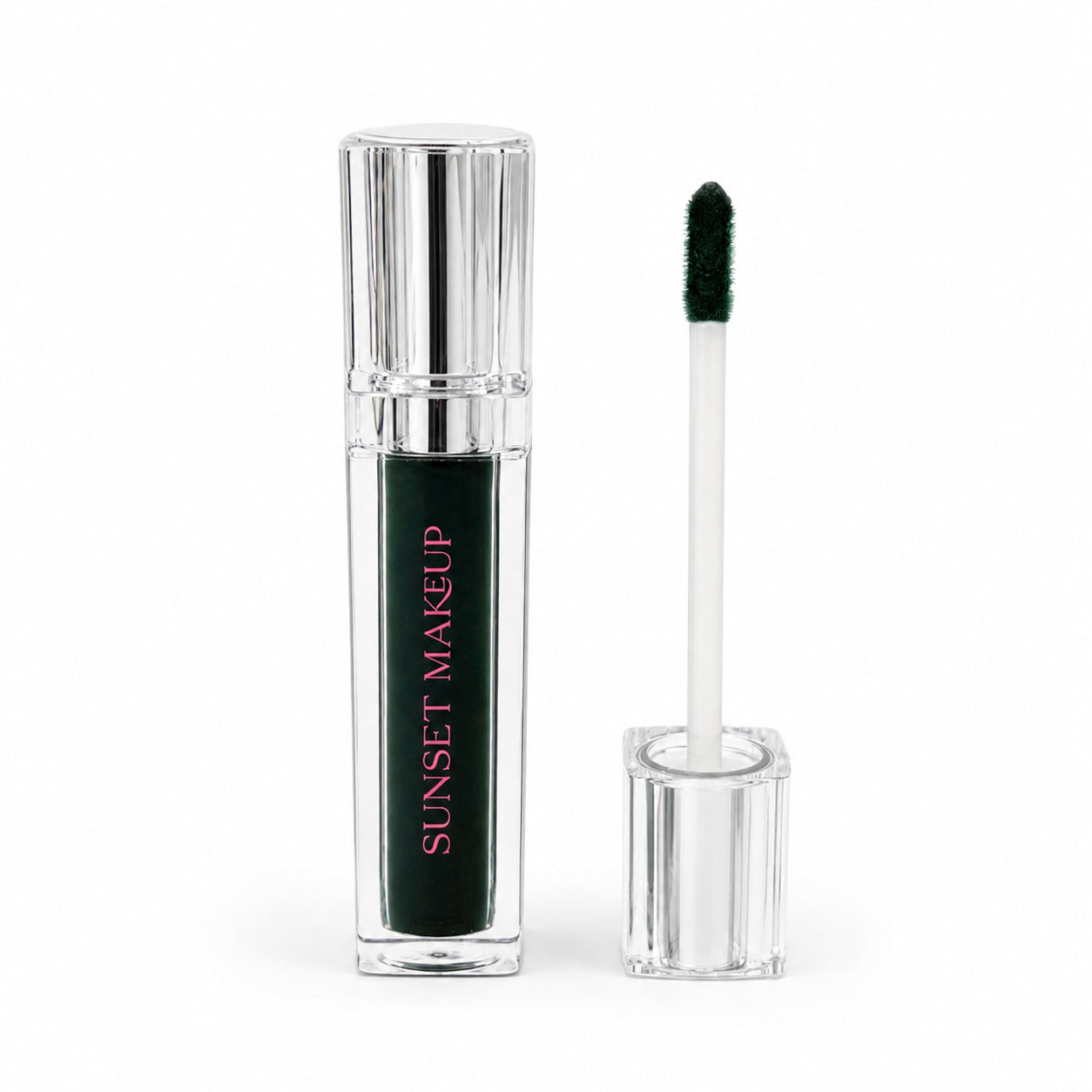 Sunset Makeup Dark Green Lip Stain tube shown with its applicator on a white background.