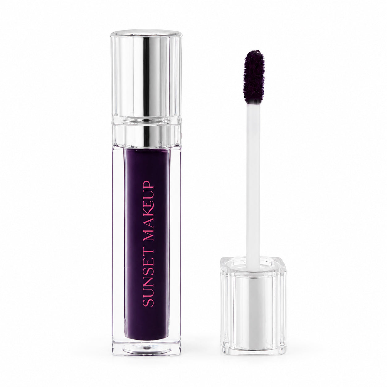 Sunset Makeup Dark Purple Lip Stain tube shown with its applicator on a white background.