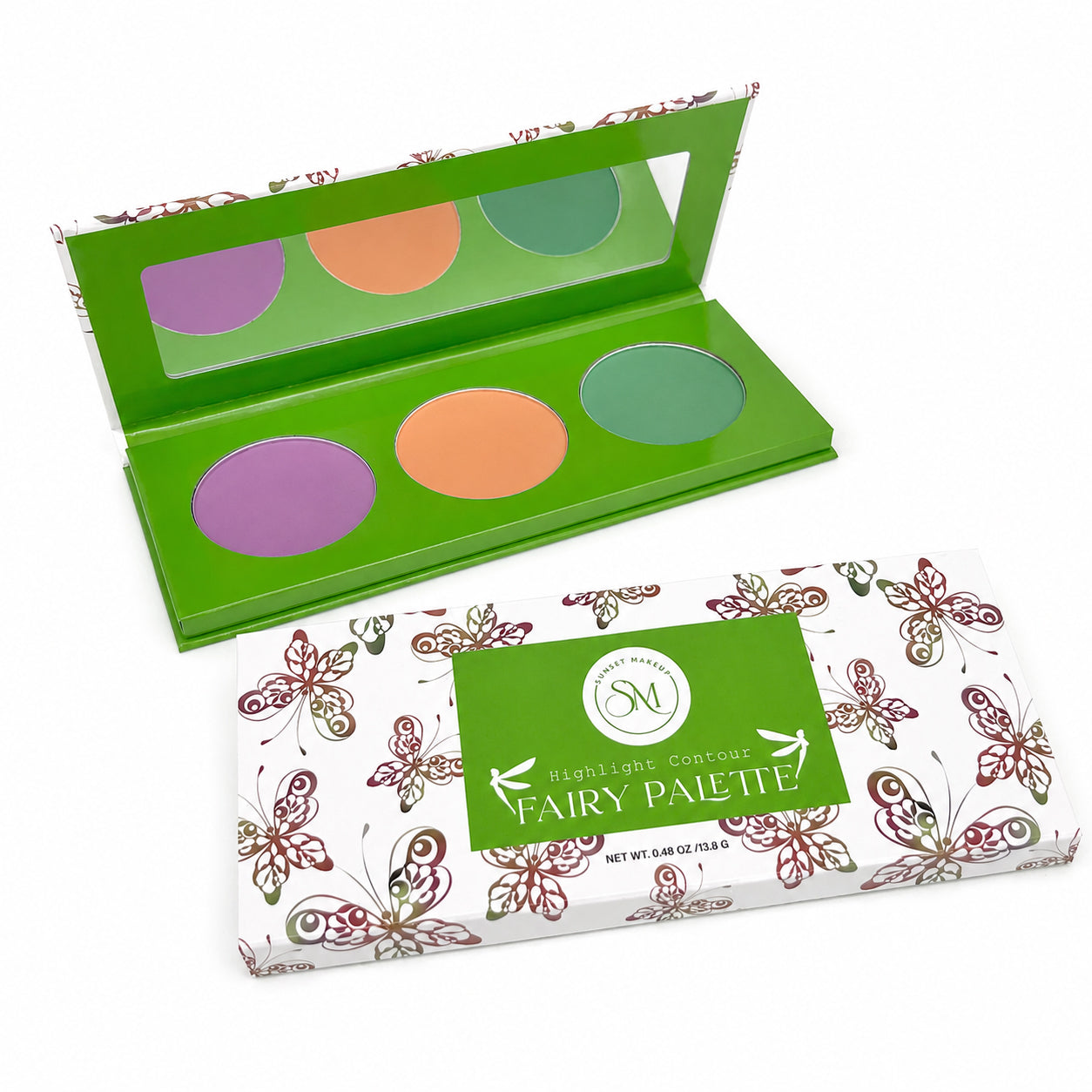 Sunset Makeup Fairy Palette shown open with lavender, peach, and mint-green highlight and contour shades beside the closed butterfly-print palette on a white background.