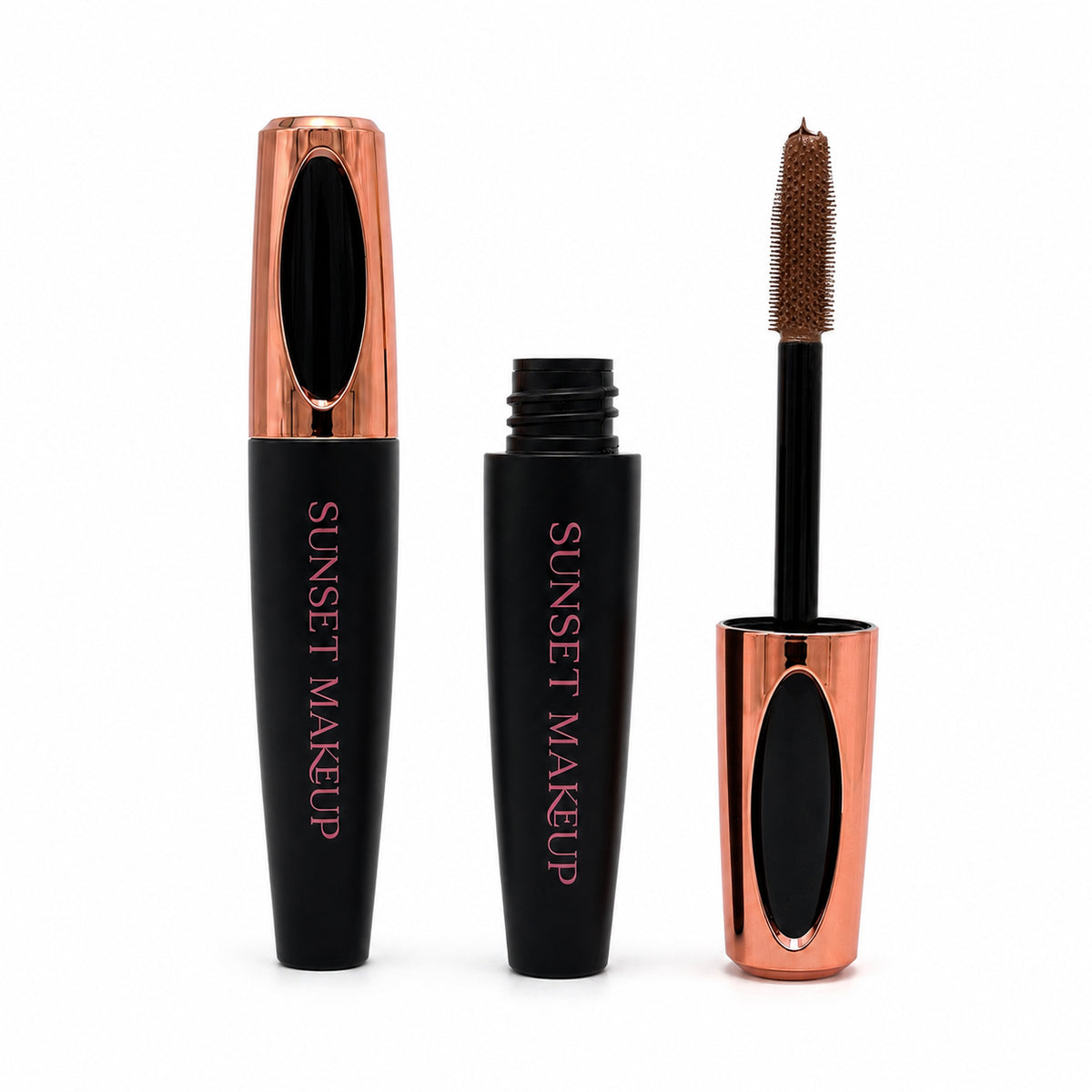 Sunset Makeup light brown mascara with a closed tube, open tube, and light brown-coated wand on a white background.