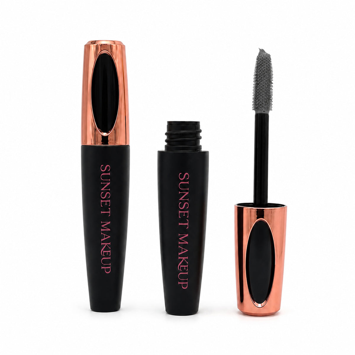 Sunset Makeup light grey mascara with a closed tube, open tube, and light grey-coated wand on a white background.