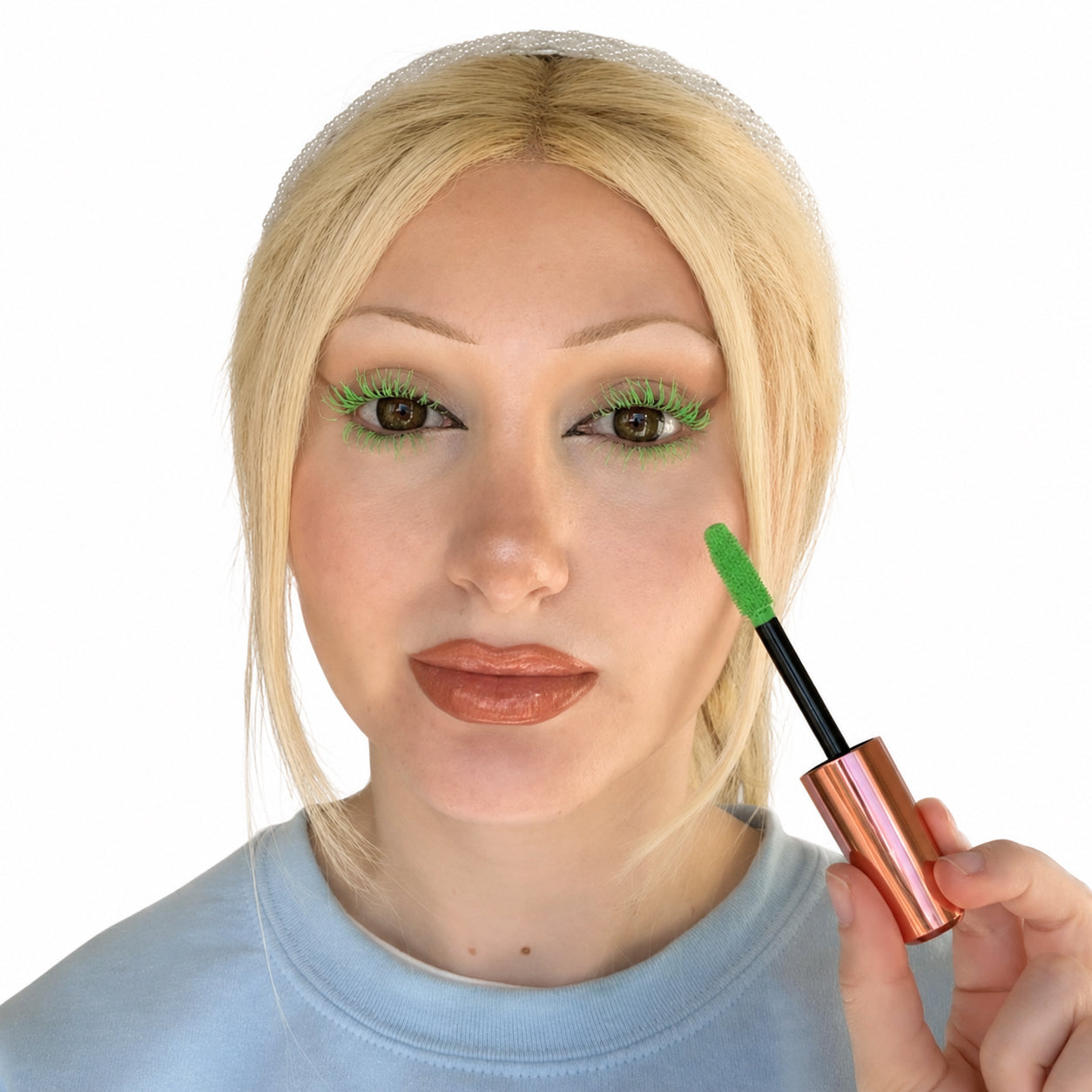 Model wearing pastel green mascara on upper and lower lashes while holding the matching mascara wand against a white background.