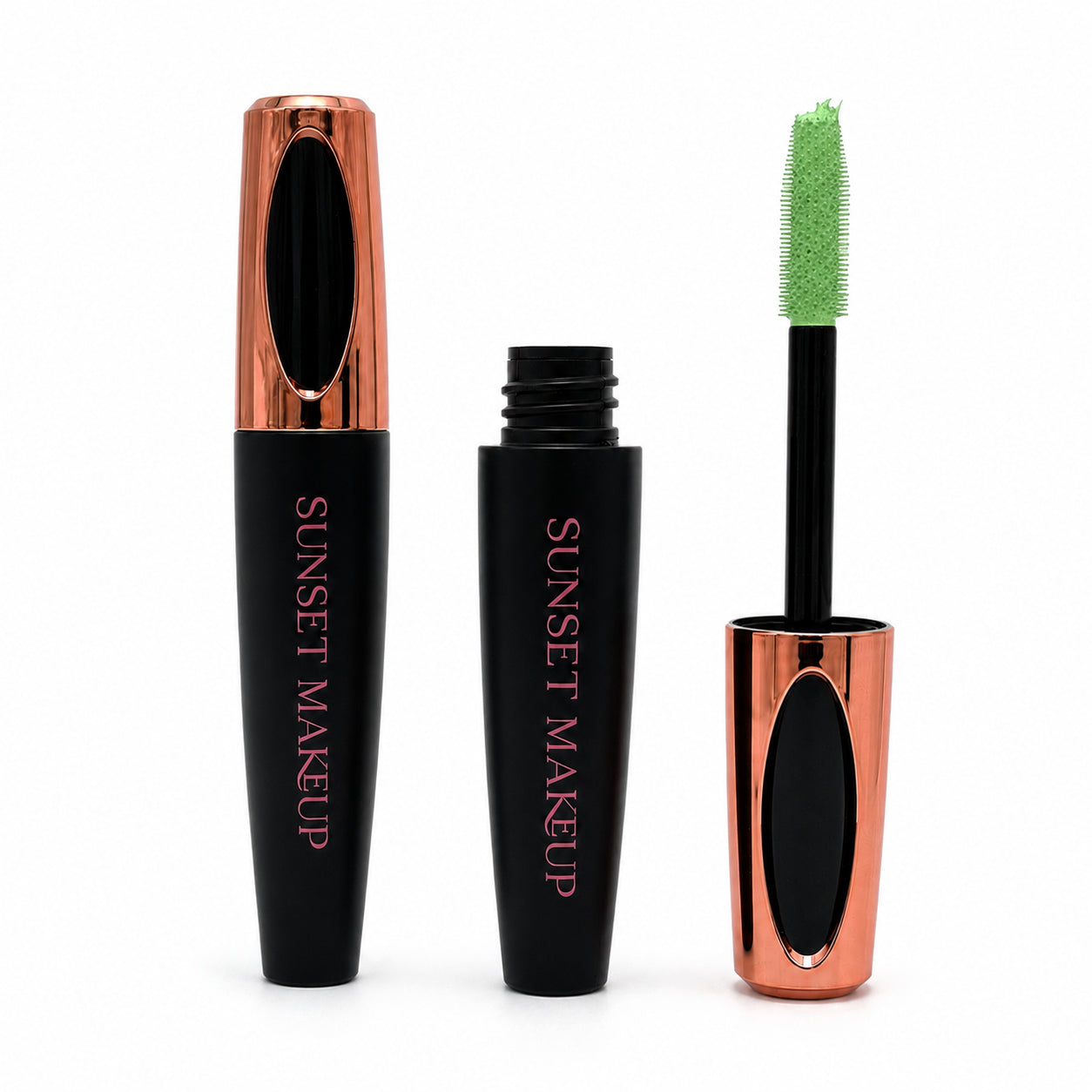 Sunset Makeup pastel green mascara with a closed tube, open tube, and light green-coated wand on a white background.