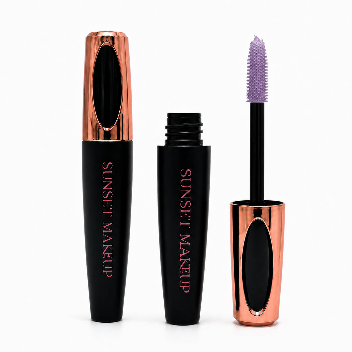 Sunset Makeup pastel purple mascara with a closed tube, open tube, and light purple-coated wand on a white background.