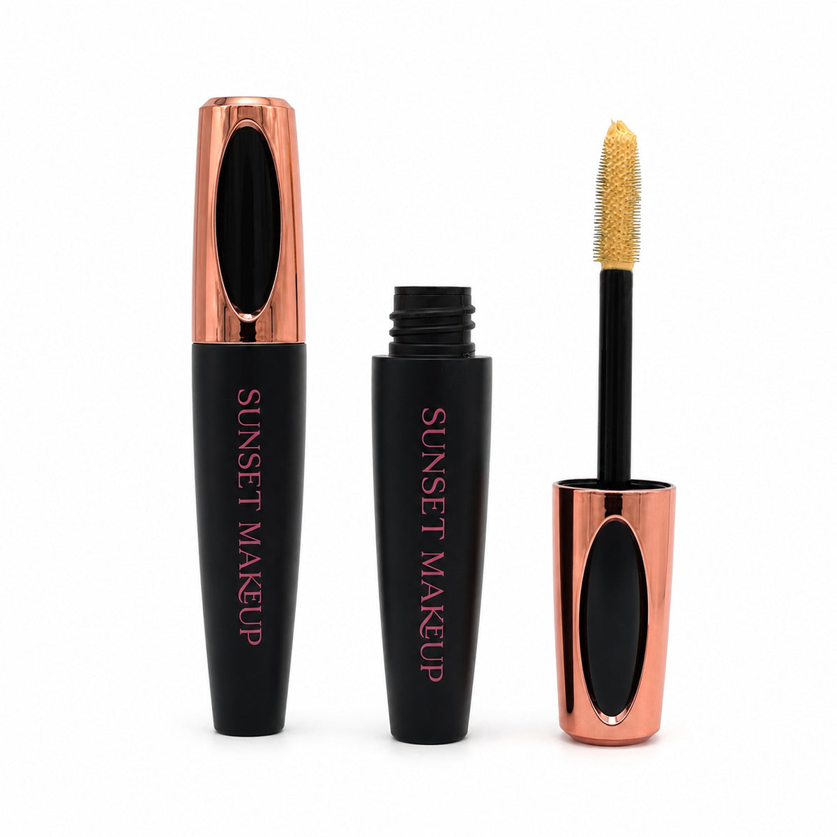 Sunset Makeup blonde mascara with a closed tube, open tube, and light yellow-coated wand on a white background.
