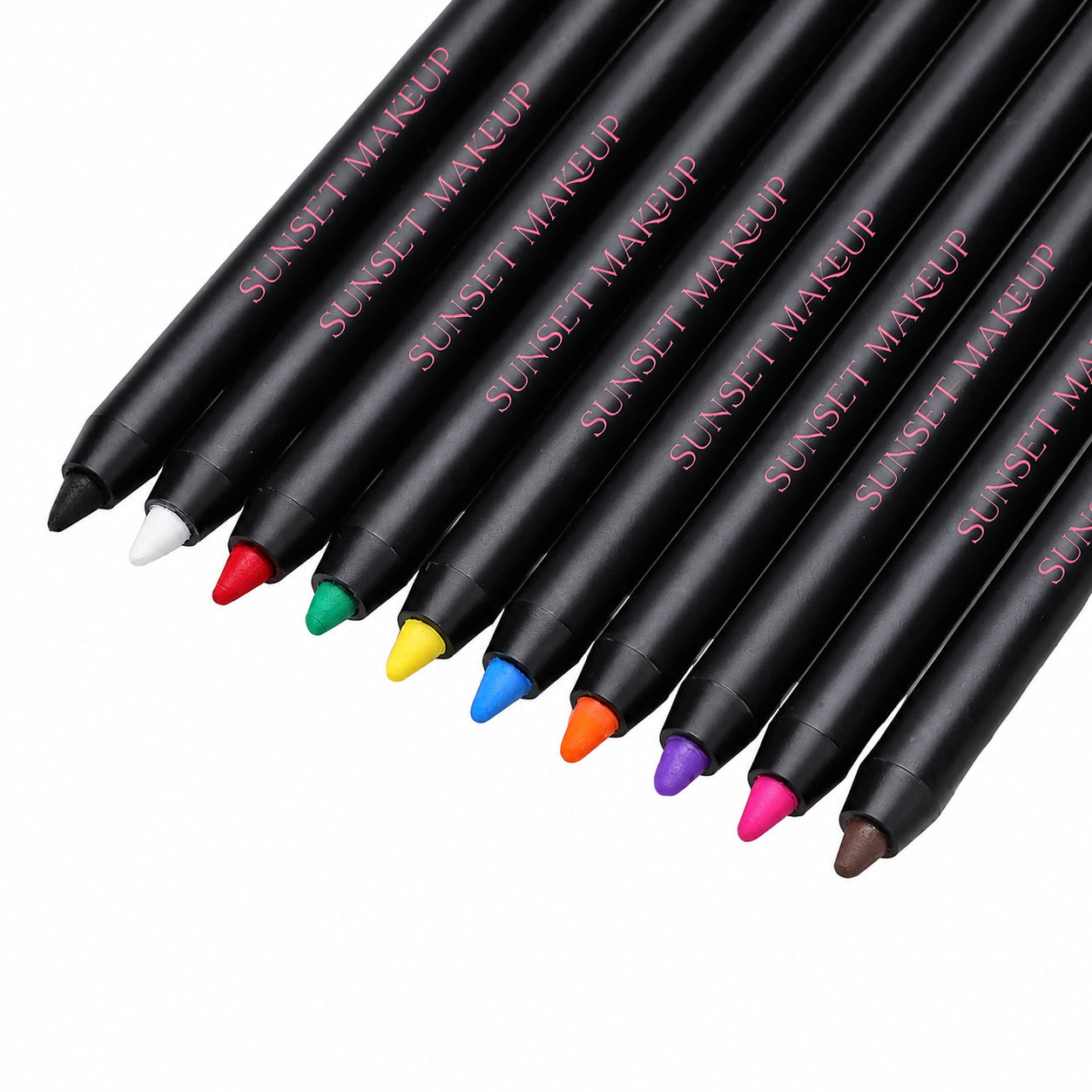 Sunset Makeup Pencil Crayon Eyeliners arranged diagonally in black, white, red, green, yellow, blue, orange, purple, pink, and brown.