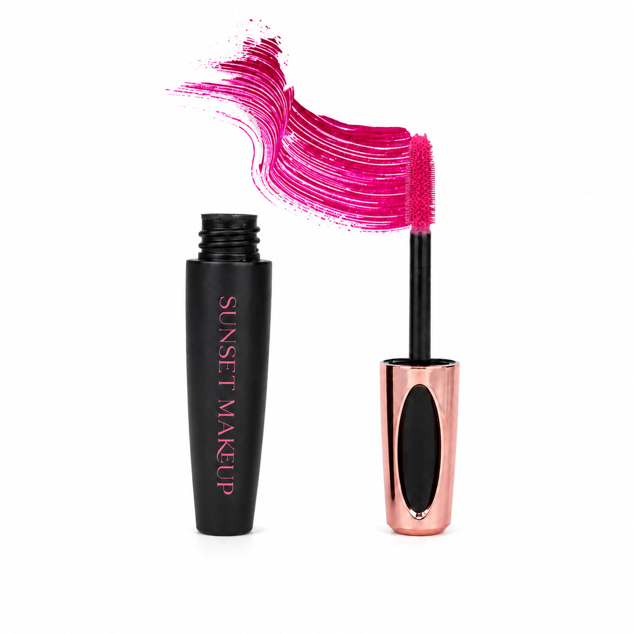 Sunset Makeup pink colorful mascara with a matching wand and product swatch.