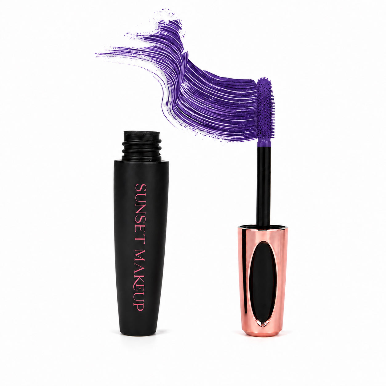 Sunset Makeup purple colorful mascara with a matching wand and product swatch.